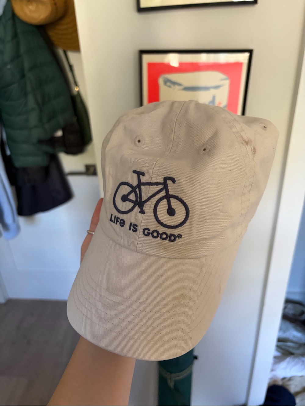 Life Is Good Beige Cap with Navy Bike Embroidery